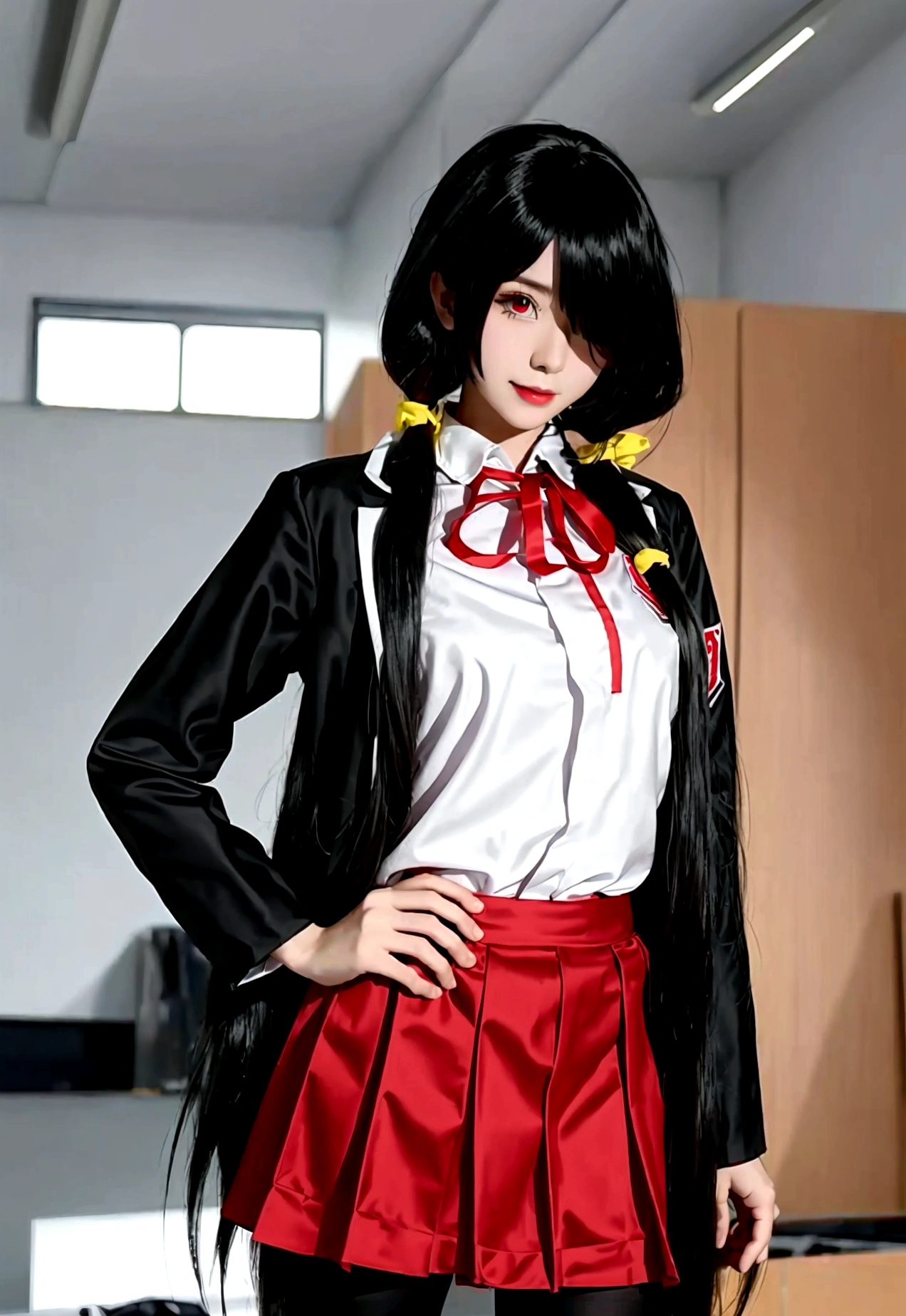 ultra-detailed,highly detailed,best quality,masterpiece,illustration, 
The image features an anime-style character with long, dark hair and heterochromatic eyes—one red and one yellow. The character is wearing a white sports shirt with red accents and a matching red skirt. The setting appears to be a locker room or a sports equipment room, as there are clothes and uniforms hanging in the background. The character's pose, with hands on hips and a slightly tilted head, suggests confidence or curiosity. The lighting is soft, casting gentle shadows and giving the scene a somewhat realistic touch despite its animated nature.