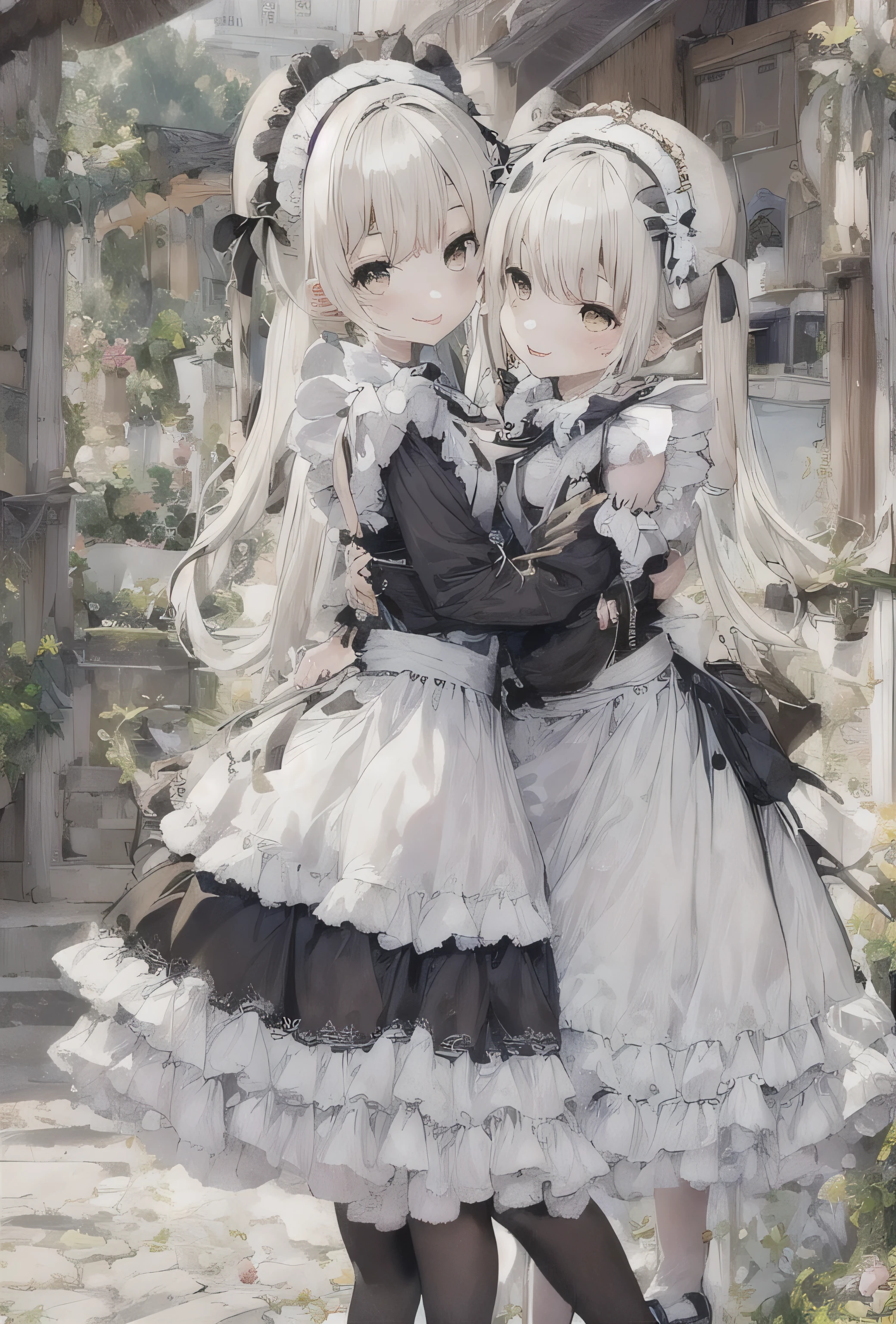 elvish two teen girls, Platinum blonde Hair、Twin tails、Brown eyes、smiling, Black maid outfit(Long sleeve、Long skirt)、White apron(long length、Bow on the back)、White tights、White petticoat(Lots of frills)、White ruffled headdress、Black strap shoes, hugging each other