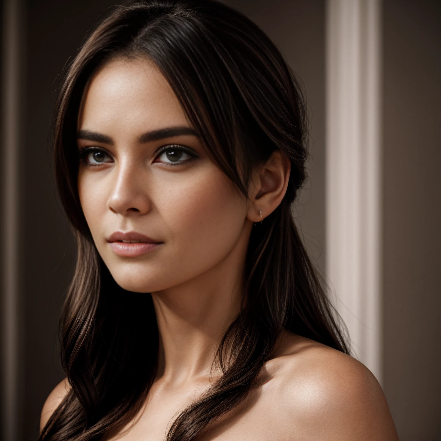 a beautiful young woman, detailed portrait, high quality, elegant, photorealistic, intricate details, glowing skin, piercing eyes, subtle makeup, flowing hair, serene expression, soft lighting, warm color tones, cinematic composition, masterpiece, ultra-detailed, realistic, photo-realistic