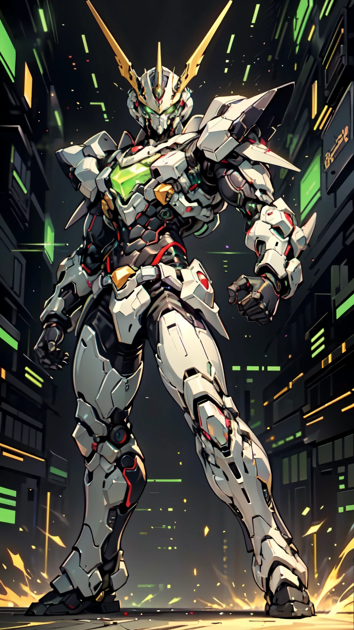 (masterpiece:1.5, best quality:1.5, extremely delicate:1.5, perspective:1.5, foreshortening:1.5, dynamic angle:1.5), a man wearing a full-face helmet, a fantasy-style biotech armored combat suit, green eyes, (a composite layered chest armor), fully enclosed shoulder guards, matching arm and leg guards, the belt is adorned with neon circuitry, (the color scheme is primarily black glow with green and red accents), the design balances heavy with agility, a high-tech bio-mecha armor, (Armor Concept Inspired by neon Cyberpunk, stand on the top of a skyscraper in a futuristic sci-fi city), this character embodies a finely crafted fantasy-surreal style armored hero in anime style, exquisite and mature manga art style, (battle damage, element, plasma, energy, the armor glows), ((male:1.5)), metallic, high definition, highres, ultra-detailed, ultra-fine painting, professional, perfect body proportions, golden ratio, anatomically correct, symmetrical face, extremely detailed eyes and face, high quality eyes, creativity, RAW photo, UHD, 32k, Natural light, cinematic lighting, masterpiece-anatomy-perfect