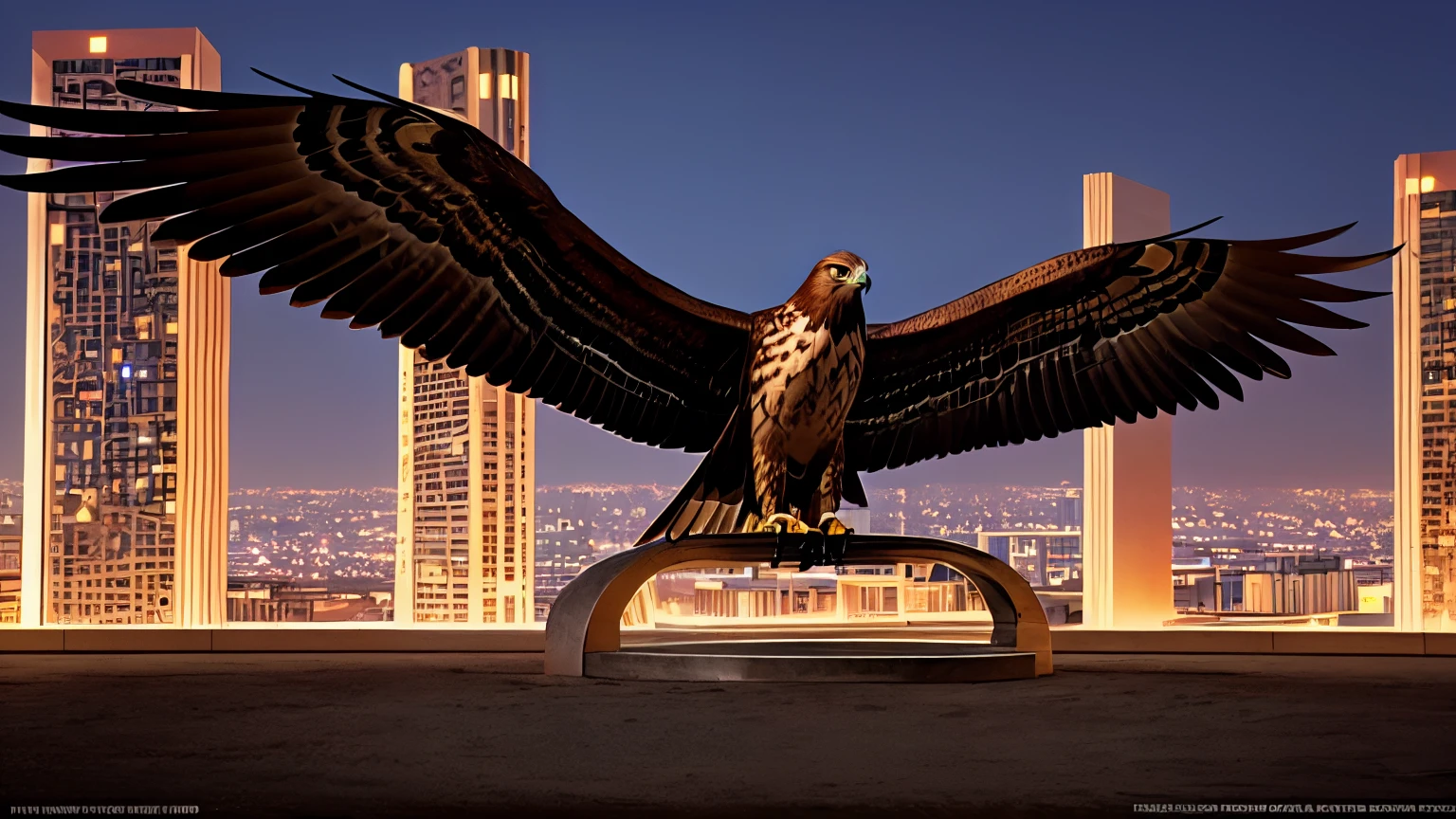 SCP-359, The Hawk, metal sculpture of a red-tailed hawk with a wingspan of 4.3 m, perched on a 12 meter arch, intense predatory behavior, nighttime flying, SCP lore, cinematic, detailed, digital painting by Fernando Botero and Dean Koontz, hyperrealistic, eerie lighting, SCP Foundation vibes, concept art, masterpiece