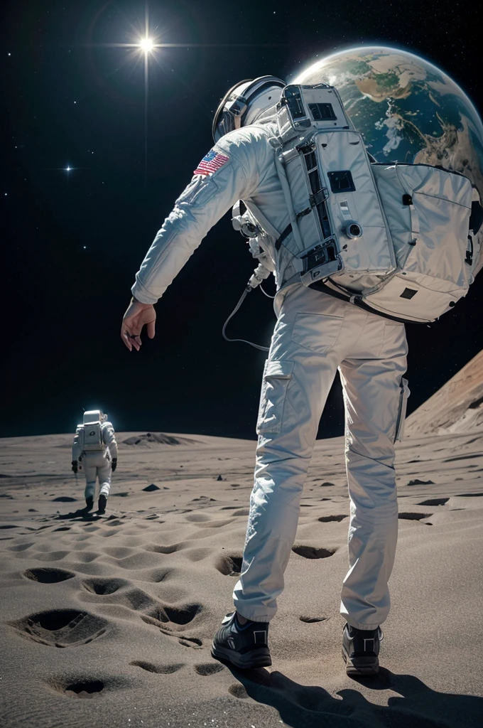 make an astronaut in white clothes with his back turned walking on a planet, make the universe as an image background (realistic image, ultra specific, planned cores, dramatic feel, no lights)
