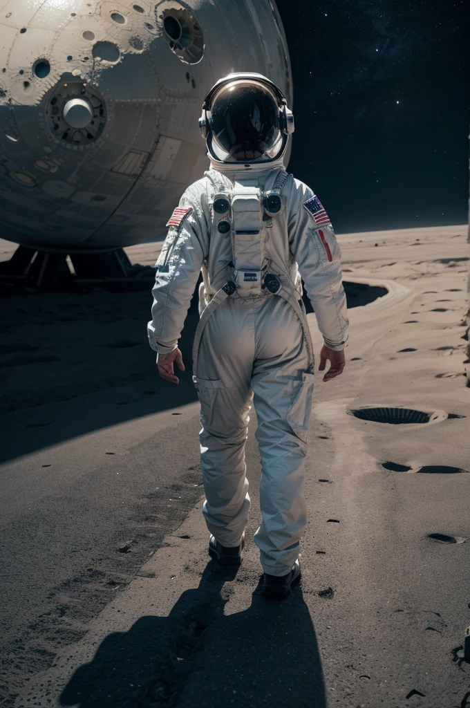 make an astronaut in white clothes with his back turned walking on a planet, make the universe as an image background (realistic image, ultra specific, planned cores, dramatic feel, no lights)