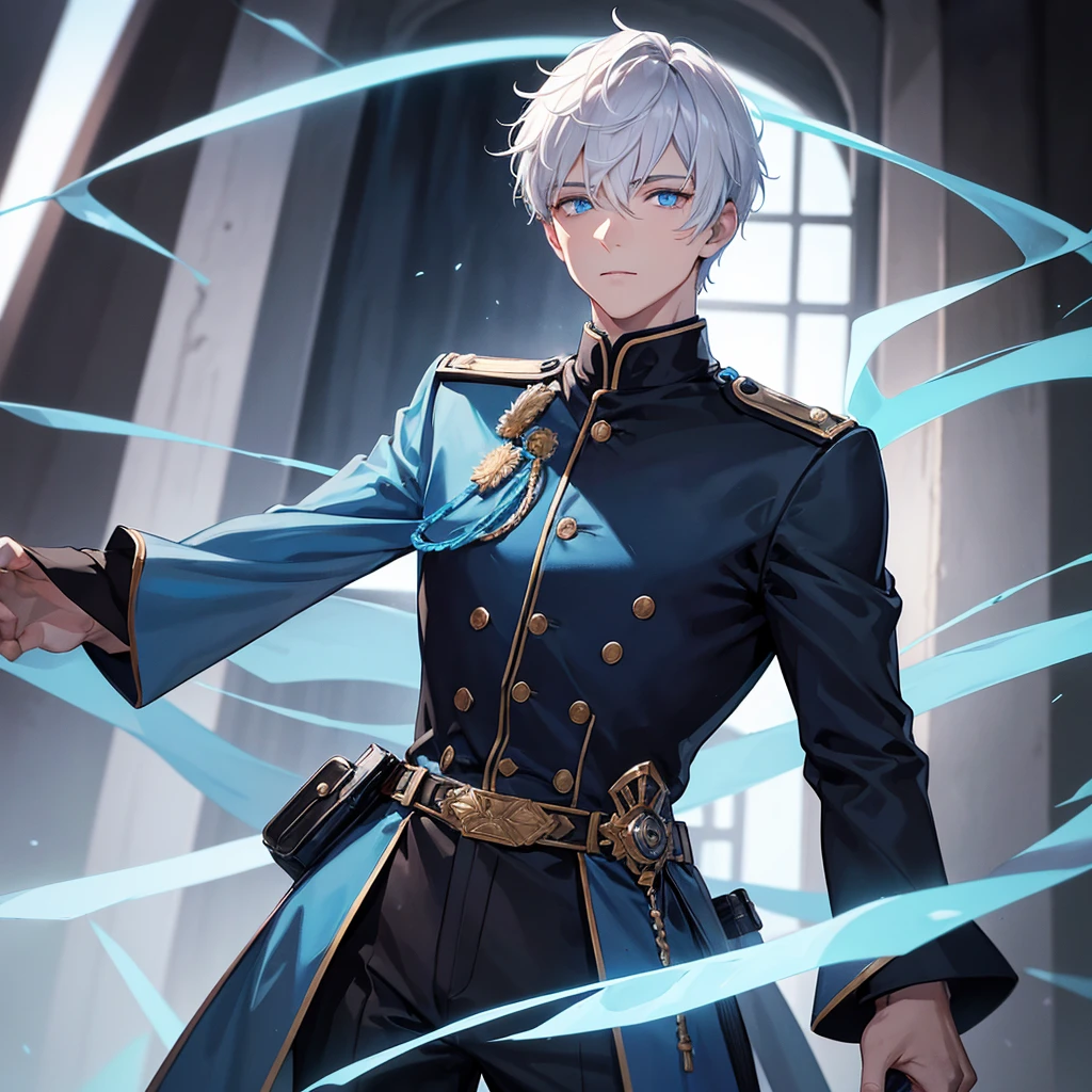 An adult man with a beautiful face, he has short white hair that sticks up, glowing light blue eyes, a face that exudes confidence, wears a black uniform with a round collar