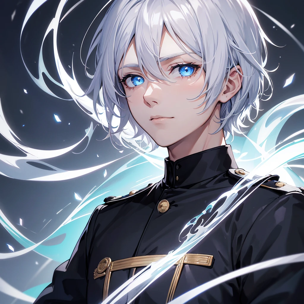 An adult man with a beautiful face, he has short white hair that sticks up, glowing light blue eyes, a face that exudes confidence, wears a black uniform with a round collar