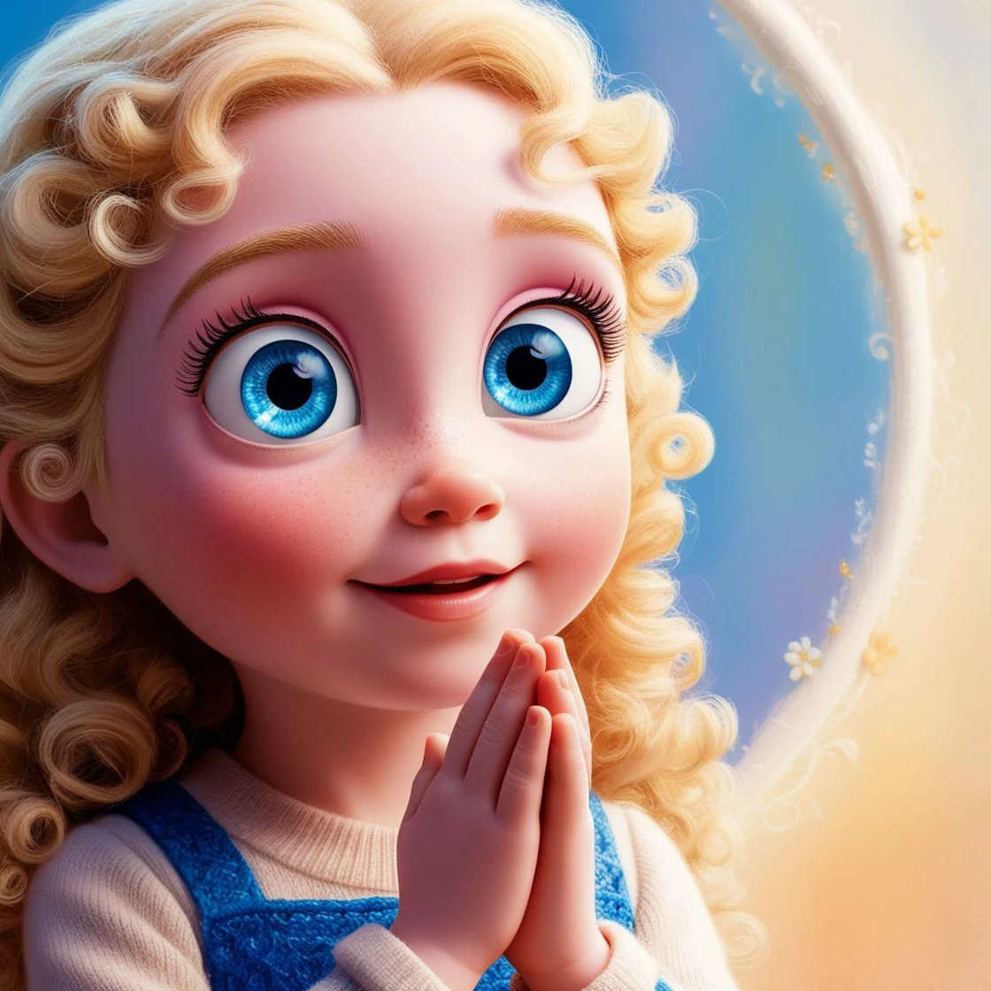 , Blonde, pixar, blue eyes, praying hands