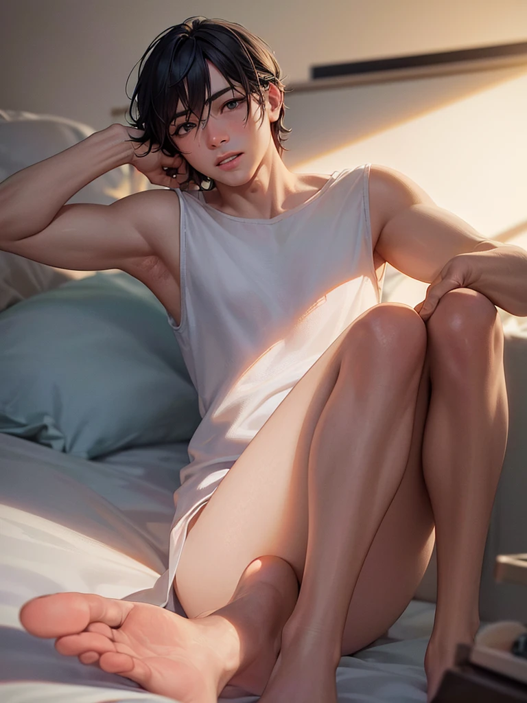 a tired cartoon man in pajamas, detailed facial features, expressive eyes, detailed hands and feet, crawling on dimly lit bedroom floor, early alarm clock, bathroom door slightly open with light inside, cluttered bedroom, morning sunlight, steam from bathroom, digital illustration, warm lighting, soft colors, (best quality,4k,8k,highres,masterpiece:1.2),ultra-detailed,(realistic,photorealistic,photo-realistic:1.37)