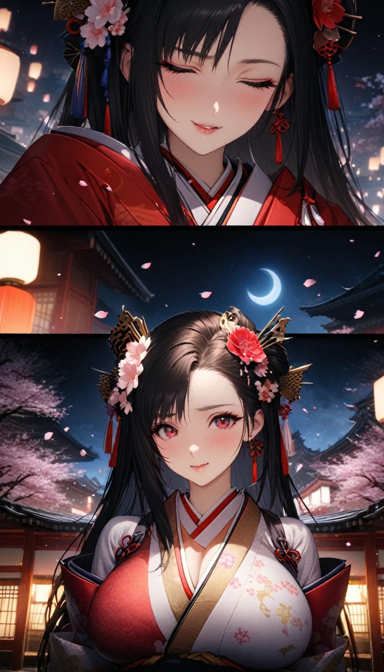 Highest quality, Super quality, 16K, Incredibly absurd, Very detailed, delicate and dynamic, SFW, Natural light, Fine particles reflect rainbow colors, Diffuse reflection of light, Vortex of Light, Many cherry blossom petals fall, Kyoto, Gion, night, Crescent Moon, Create amazing image effects, Upper body close-up, (, cute sexy girl, big busts, Sensual expression, peacefulness, Elegant, , geisha, hair ornaments, black long hair, Japanese traditional kimono, Tifa Lockhart Final Fantasy VII)