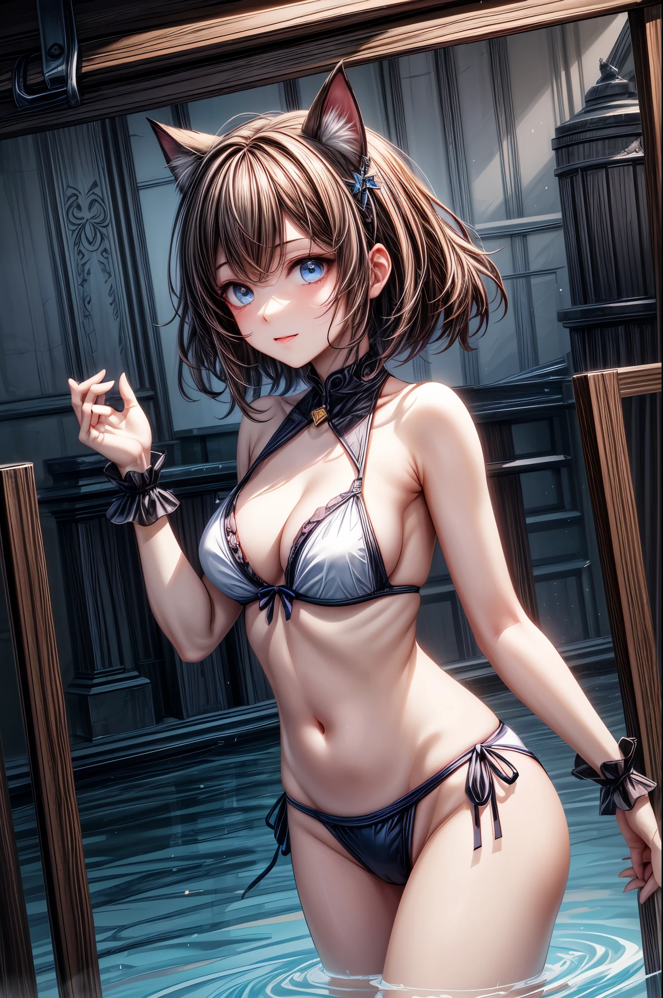 (Tabletop.Highest quality).(Dynamic Angle). (Amazingly detailed CG paintings),(Perfect Image)、Comic Strip.shape.One Girl.Detailed face、Perfect Face.Delicate face、Textured skin、Black Hair.length、(Cat-eared girl)((Beautiful Blue Eyes)).Delicate and beautiful eyes、The eyes are detailed、Reflective Eyes、Watery eye、smile.(Gazing at the audience:1.3).(My face got a little red:0.8)、8k wallpaper、Cowboy Shot、reflected light、The finest details、Complex、Delicate background、Textured skin、Detailed skin、Swimwear, ((紫色のSwimwear))