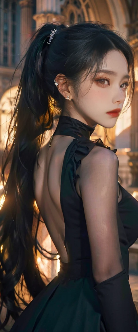 masterpiece, best quality, high resolution, Reality, high resolution, RAW photos, ((The largest Gothic building in Italy, Duomo of Milan))、((1 Girl, Young woman in gothic dress and black, Detailed face and eyes, Pretty Face, High Ponytail, Glowing skin, Realistic skin texture, Long sleeve, Beautiful Breasts,Beautiful ass)), (Gothic fashion is dark, mystery, Full of different tunes).