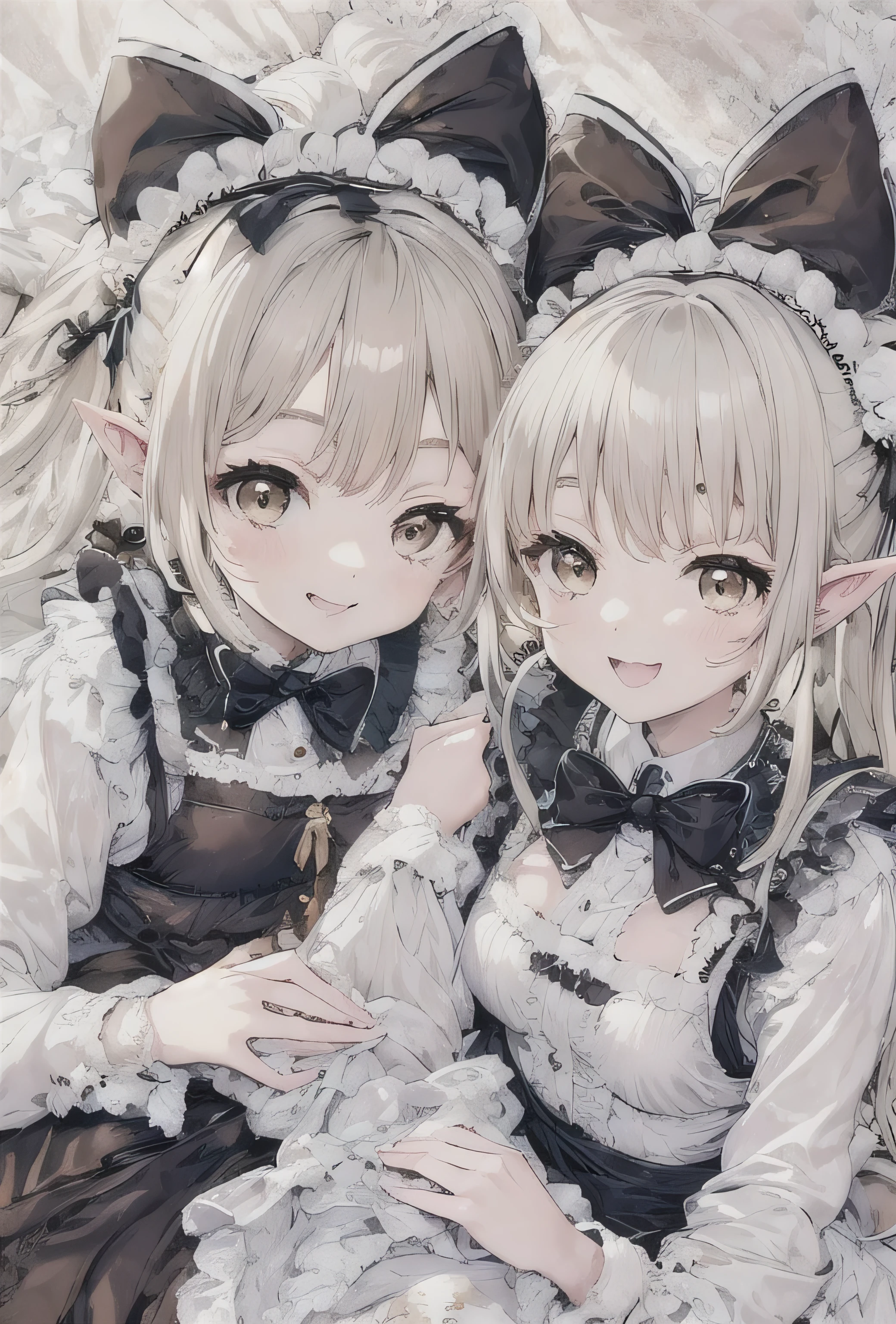 elvish two teen girls, Platinum blonde Hair、Twin tails、Brown eyes、smiling, Black maid outfit(Long sleeve、Long skirt)、White apron(long length、Bow on the back)、White tights、White petticoat(Lots of frills)、White ruffled headdress、Black strap shoes, hugging each other