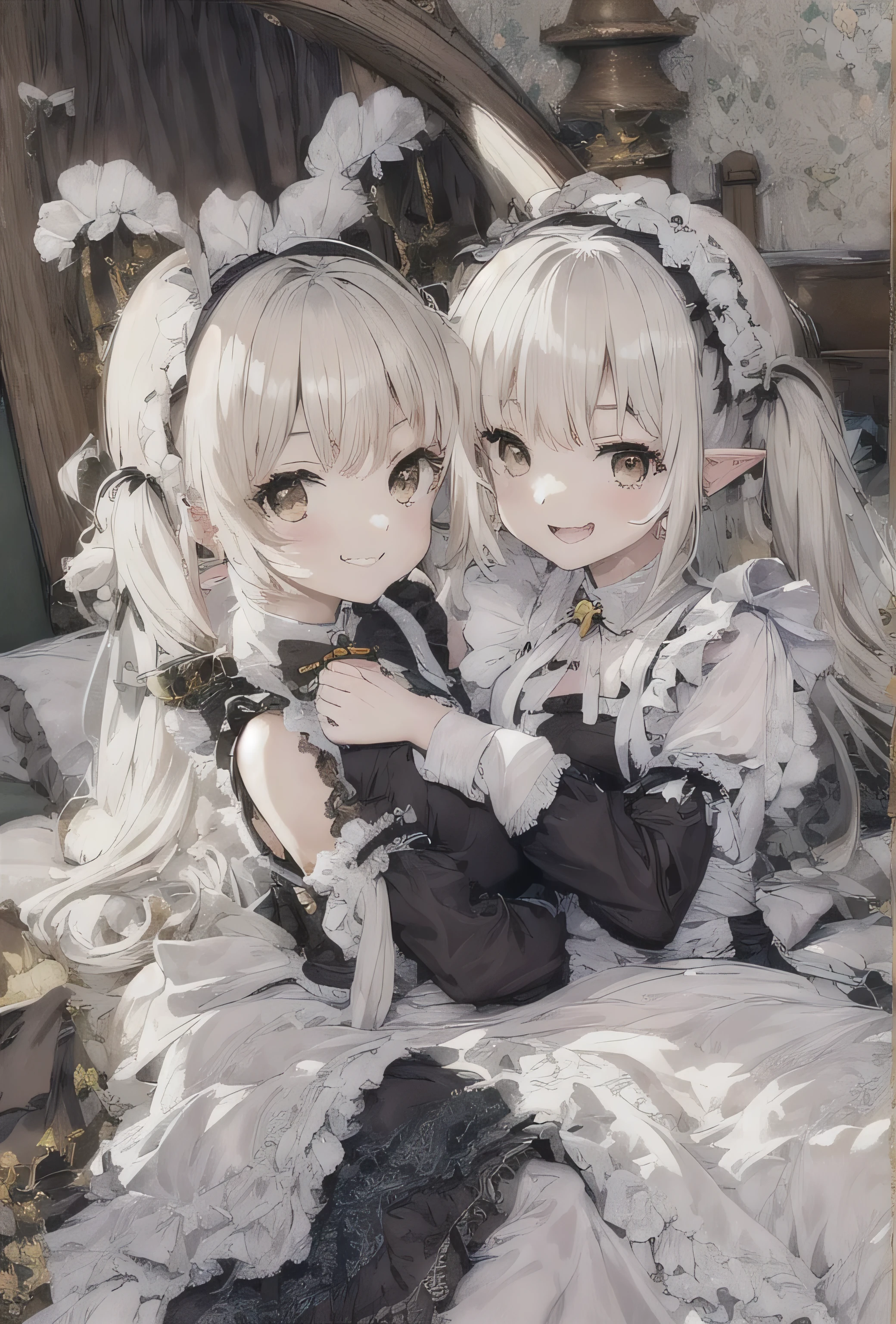 elvish two teen girls, Platinum blonde Hair、Twin tails、Brown eyes、smiling, Black maid outfit(Long sleeve、Long skirt)、White apron(long length、Bow on the back)、White tights、White petticoat(Lots of frills)、White ruffled headdress、Black strap shoes, hugging each other