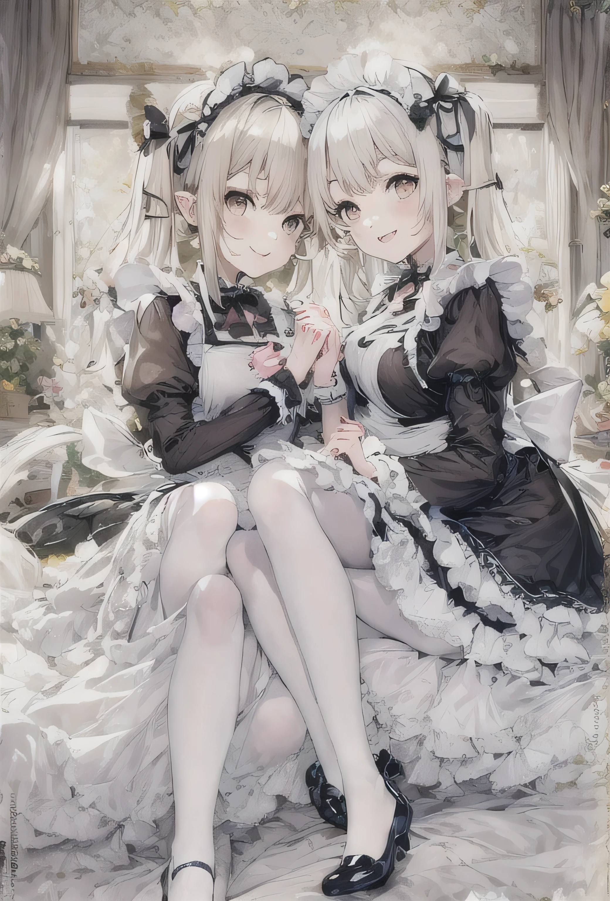 elvish two teen girls, Platinum blonde Hair、Twin tails、Brown eyes、smiling, Black maid outfit(Long sleeve、Long skirt)、White apron(long length、Bow on the back)、White tights、White petticoat(Lots of frills)、White ruffled headdress、Black strap shoes, hugging each other