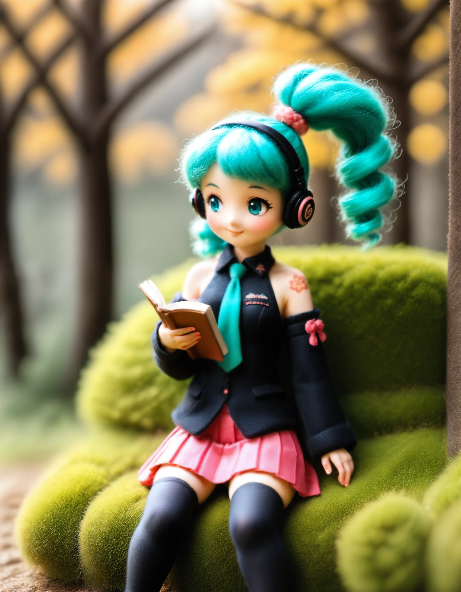 1girl, 
maozhan, felt style, 
medium quality, closed mouth, light, wide shot, bare shoulders, pink skirt, shirt, miniskirt, scenery, long hair, black sleeves, frilled shirt, zettai ryouiki, headphones, aqua hair, tattoo, very long hair, holding, frills, shoulder tattoo, aqua eyes, detached sleeves, holding book, aqua necktie, smile, black thighhighs, black shirt, twintails, skirt, thighhighs, sitting, book, pleated skirt, solo, necktie, open book, long sleeves, 
newest, absurdres, safe
 