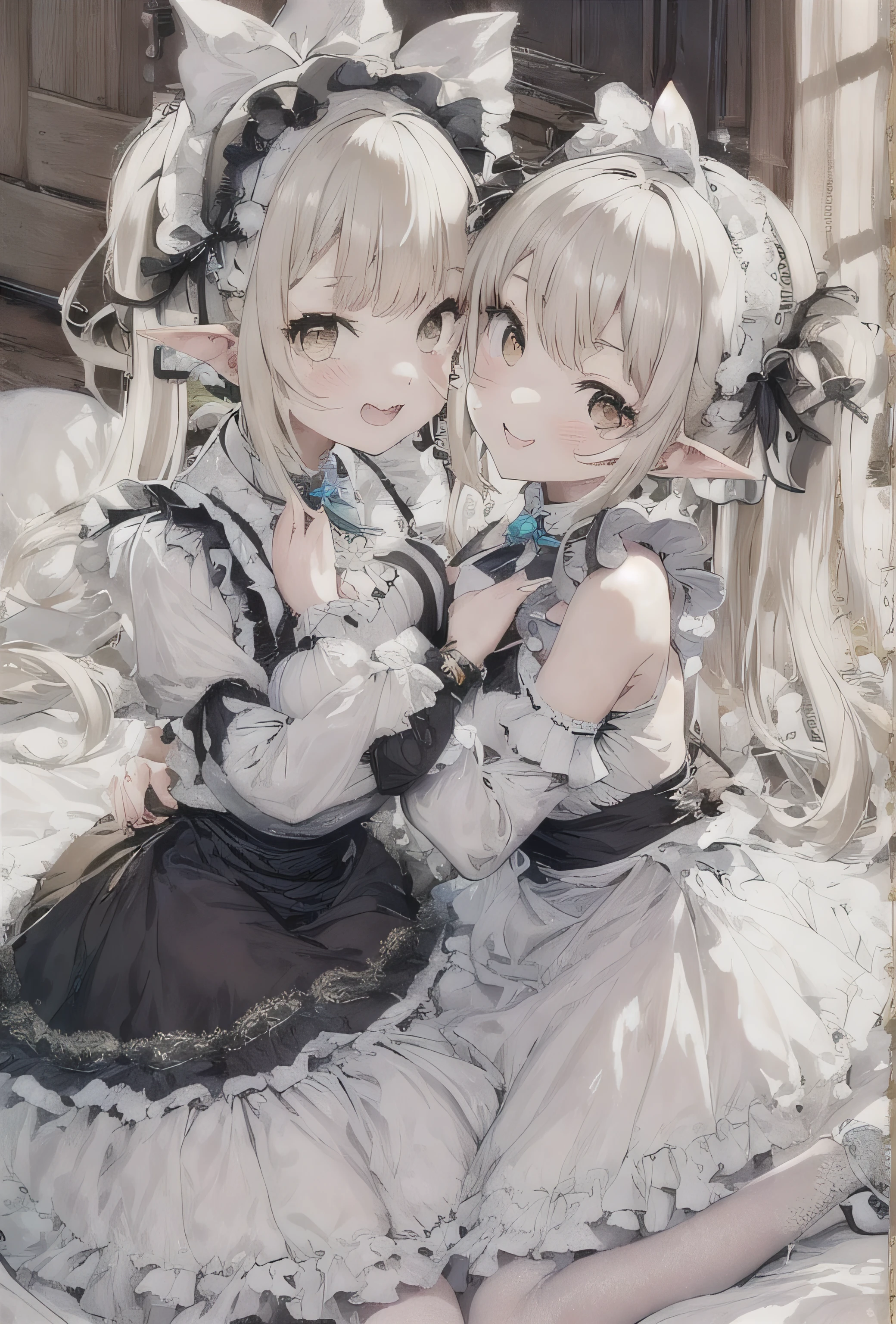 elvish two teen girls, Platinum blonde Hair、Twin tails、Brown eyes、smiling, Black maid outfit(Long sleeve、Long skirt)、White apron(long length、Bow on the back)、White tights、White petticoat(Lots of frills)、White ruffled headdress、Black strap shoes, hugging each other