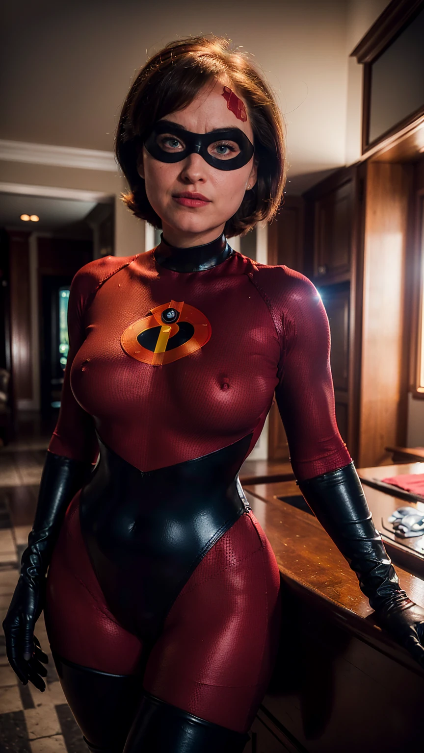 (masterpiece), (solo character), (photorealistic:1.4), ),(best quality), (the Incredibles red top bodysuit),, (Dakota Johnson wearing the Incredibles red bodysuit) ), (Dakota Johnson in helen parr hairstyle), (helen short hairstyle), (flashphoto), (epiCRealLife), (lora:epiCFlashPhoto), (wearing thighhigh), (the incredibles elbow gloves), (Dakota Johnson the Incredibles wearing domino mask), (cowboy shots),