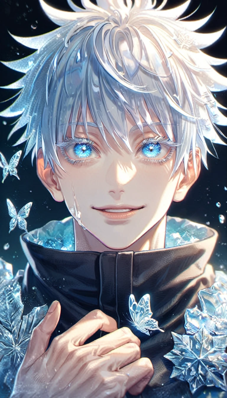 absurdres, highres, ultra detailed, HDR, master piece, best quality, extremely detailed face, delicated features, Gojou Satoru, white hair, with bangs, expressive blue eyes, white eyelashes, Jujutsu Kaisen, sexy man, solo, handsome, smiling, black coat, fantasy, magical, ice, ice butterflies, snowflakes, starry night, ice style