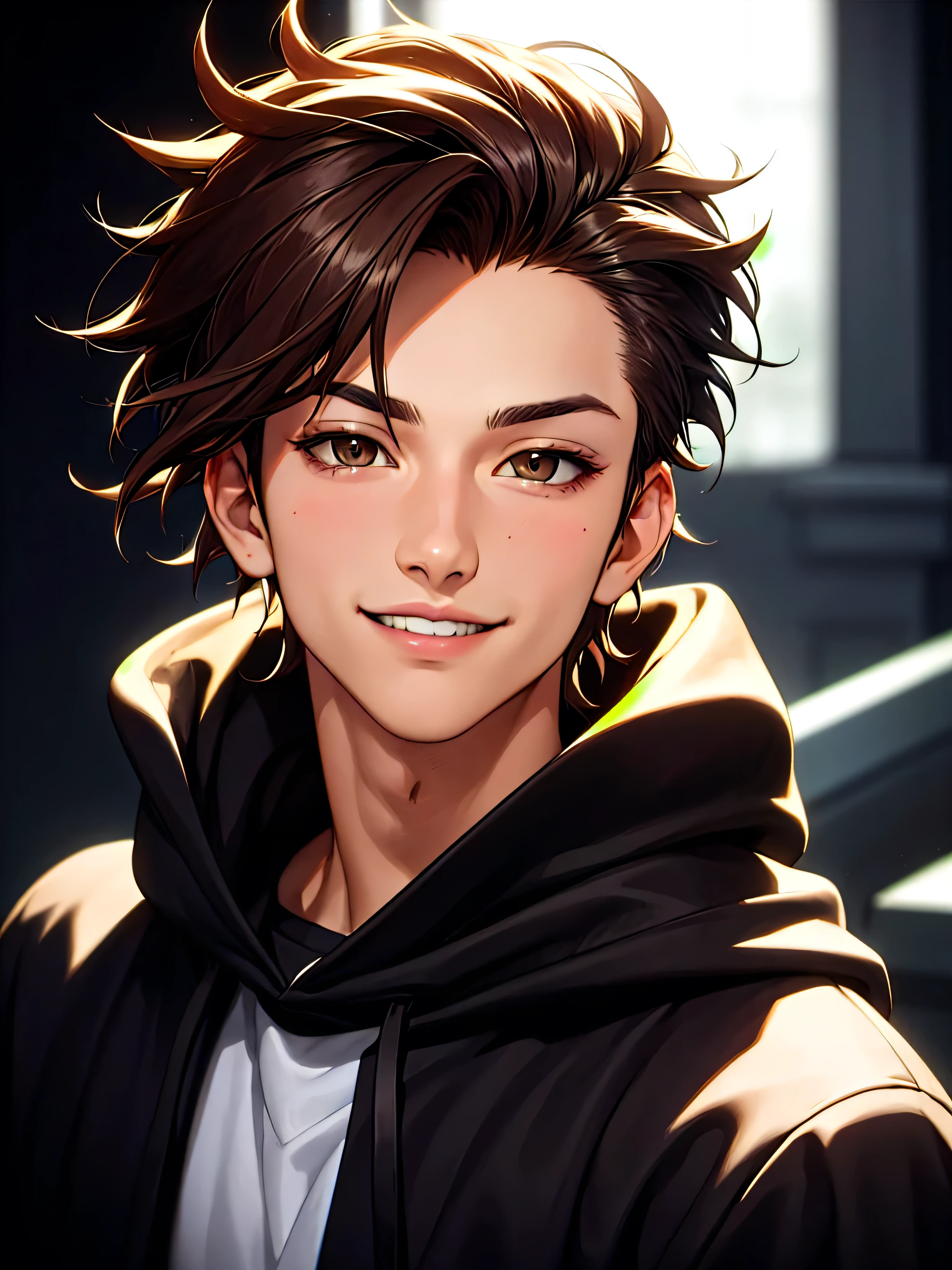 ((Portrait Photo)), He has a Youthful and Vibrant Appearance, with a Slim, Athletic Build and Lightly Tanned Skin. He Expresses a Confident and Self-Assured Look, Giving Off a Cheerful Glint and a Charismatic Smile. He has Light Brown Eyes, and His Hair is Short and Tousled, with Spiky Strands Falling Over His Forehead. He Wears a Light Black Hooded Sweatshirt. ((Portrait Photo, HDR, Dark Background))