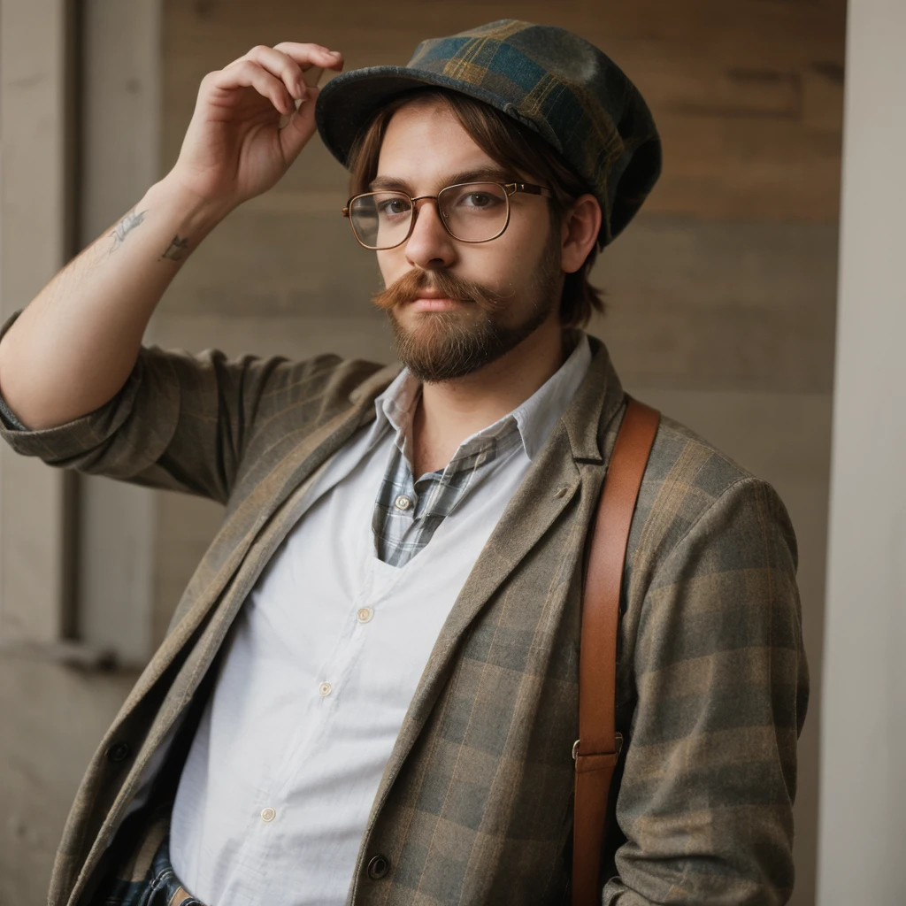 The ultimate hipster. Young man with hipster beard, bushy, hipster moustache, hipster clothes, plaid, tartan, hat, hipster glasses. photograph, character, high quality, solo, (hipster:1.3)