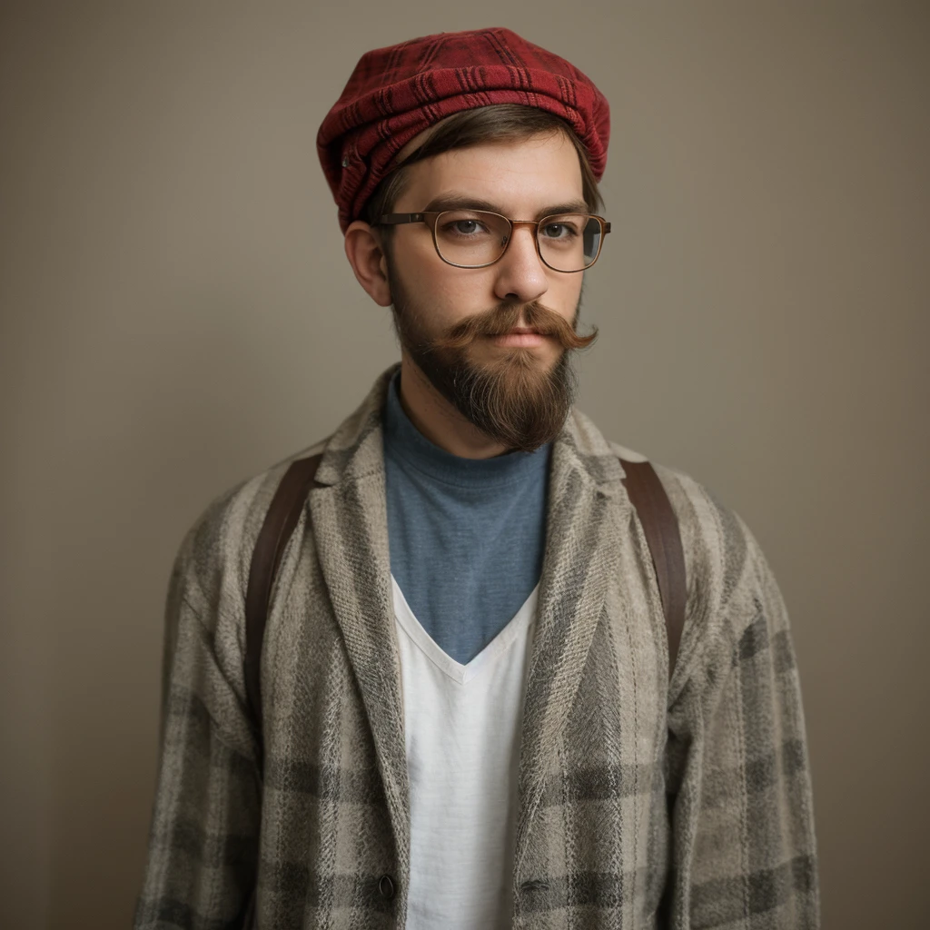 The ultimate hipster. Young man with hipster beard, bushy, hipster moustache, hipster clothes, plaid, tartan, hat, hipster glasses. photograph, character, high quality, solo, (hipster:1.3)