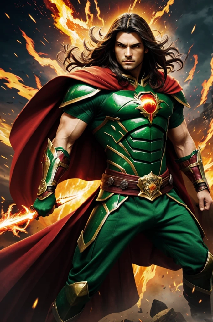 A captivating anime style illustration of a serious and determined warrior with dark hair and green eyes. He wears formidable armor adorned with red and gold details., and a waving green cape surrounds it. In the middle of a sea of intense orange and red flames, the warrior exudes power and courage. Sparks and swirling particles add depth to the fiery battlefield. In the darkness of the bottom, The vibrant colors of the scene and the surprising presence of the warrior stand out, that evokes a sense of awe and admiration for the character&#39;s exploits. The energetic and dramatic atmosphere encapsulates a moment of intense action and power.