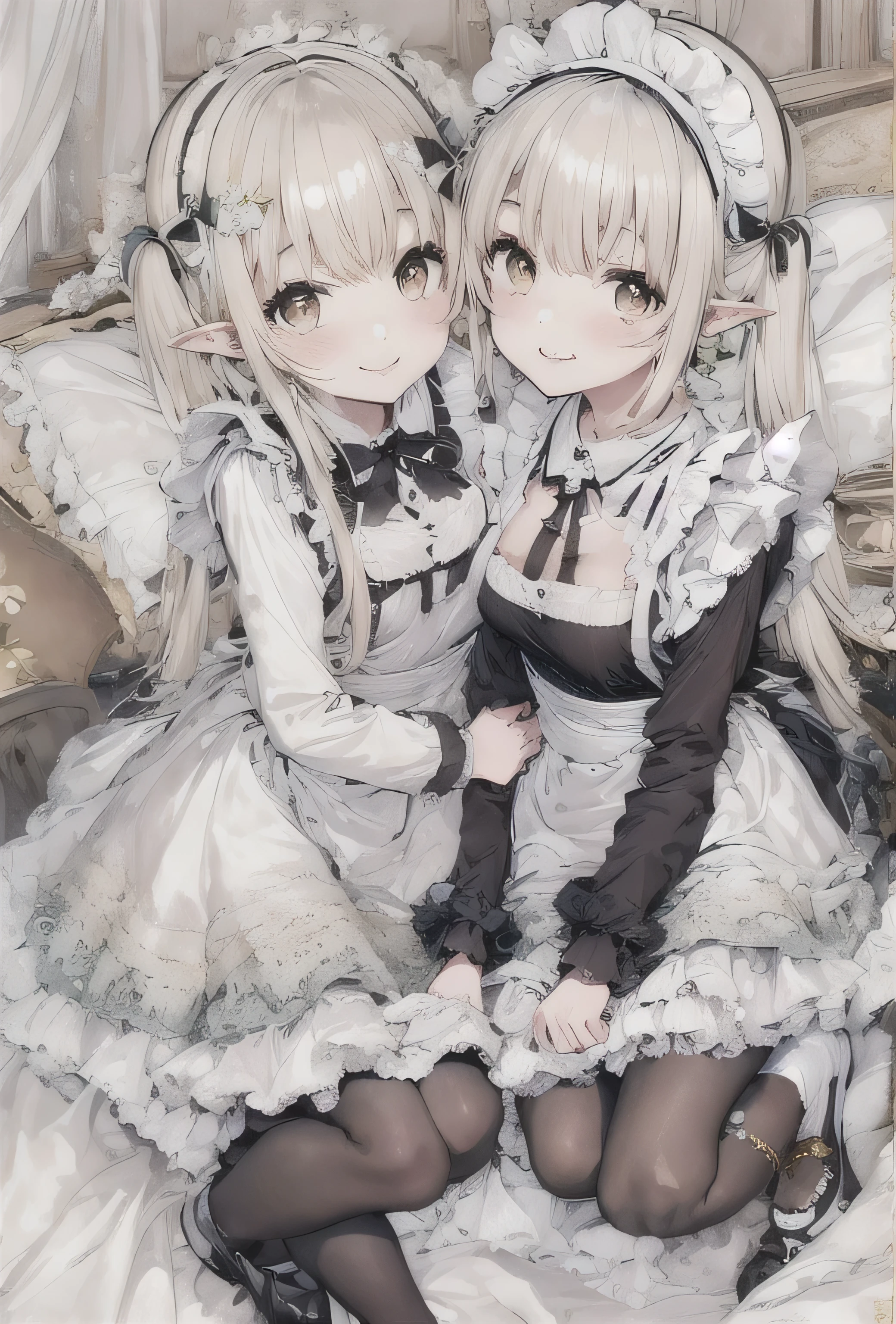 elvish two teen girls, Platinum blonde Hair、Twin tails、Brown eyes、smiling, Black maid outfit(Long sleeve、Long skirt)、White apron(long length、Bow on the back)、White tights、White petticoat(Lots of frills)、White ruffled headdress、Black strap shoes, hugging each other