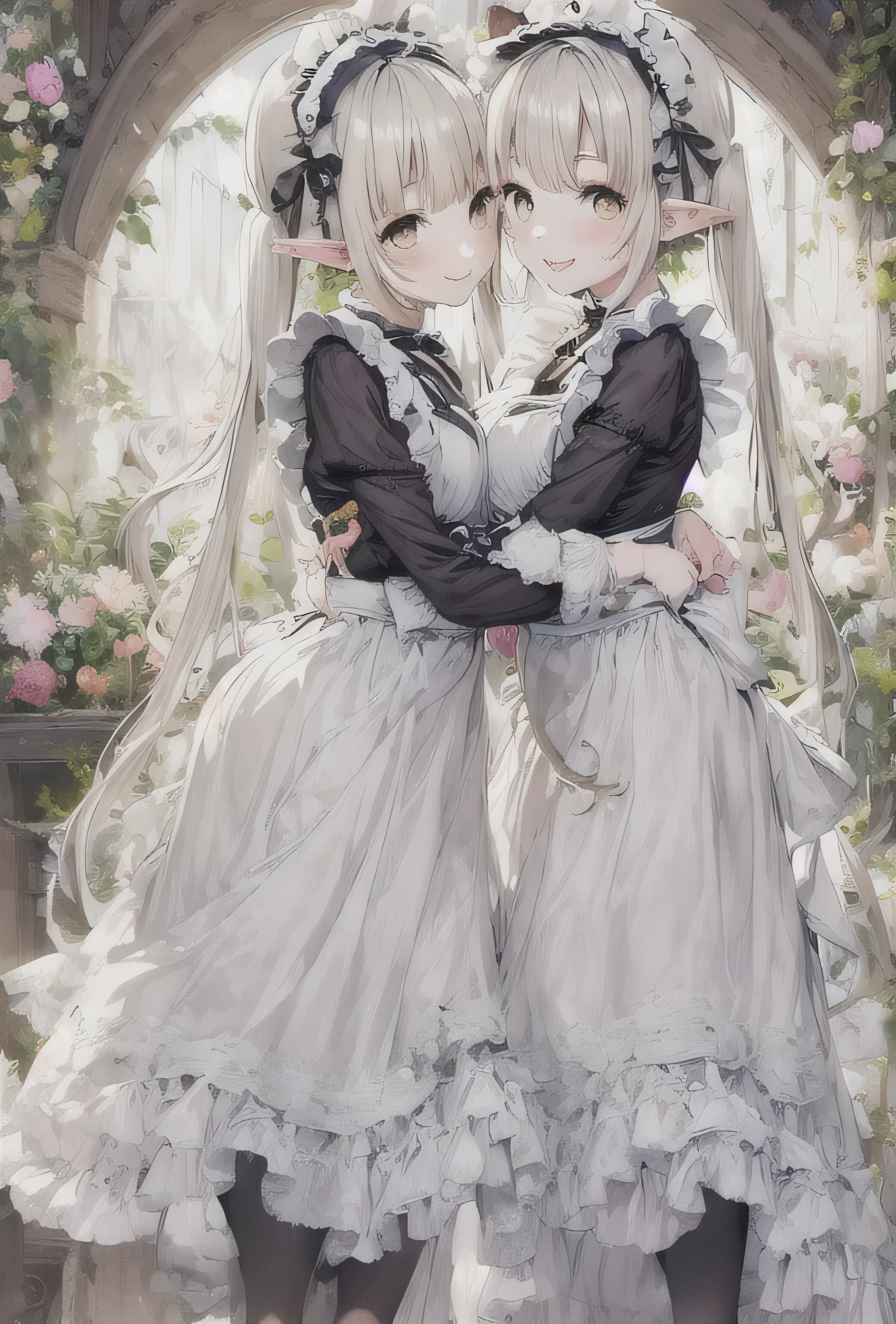elvish two teen girls, Platinum blonde Hair、Twin tails、Brown eyes、smiling, Black maid outfit(Long sleeve、Long skirt)、White apron(long length、Bow on the back)、White tights、White petticoat(Lots of frills)、White ruffled headdress、Black strap shoes, hugging each other