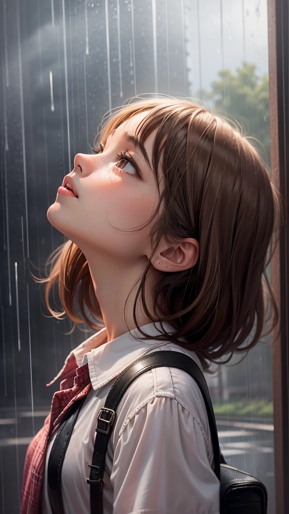 Girl looking up while the rain fell