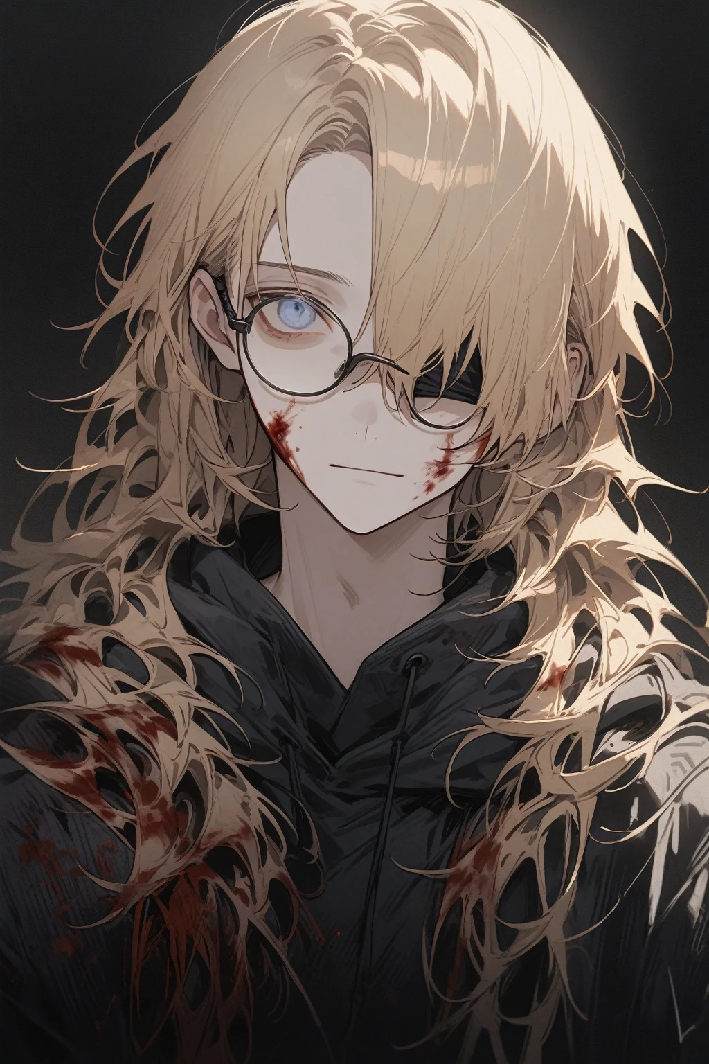 1 guy, blue eyes, wearing a blindfold over one eye, black covers one eye, blond hair, wears glasses, long hair disheveled, male build, looks at the viewer, calm face, emotionless face, dressed in a black hoodie, black background, blood on clothes, blood on cheek, shaded face, detailed, Beautiful, delicate tones