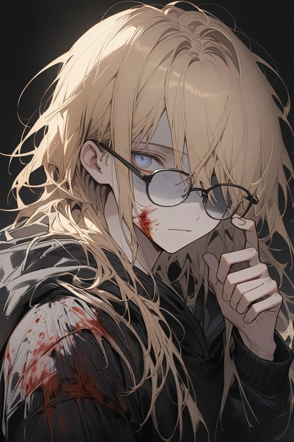 1 guy, blue eyes, wearing a blindfold over one eye, black covers one eye, blond hair, wears glasses, long hair disheveled, male build, looks at the viewer, calm face, emotionless face, dressed in a black hoodie, black background, blood on clothes, blood on cheek, shaded face, detailed, Beautiful, delicate tones