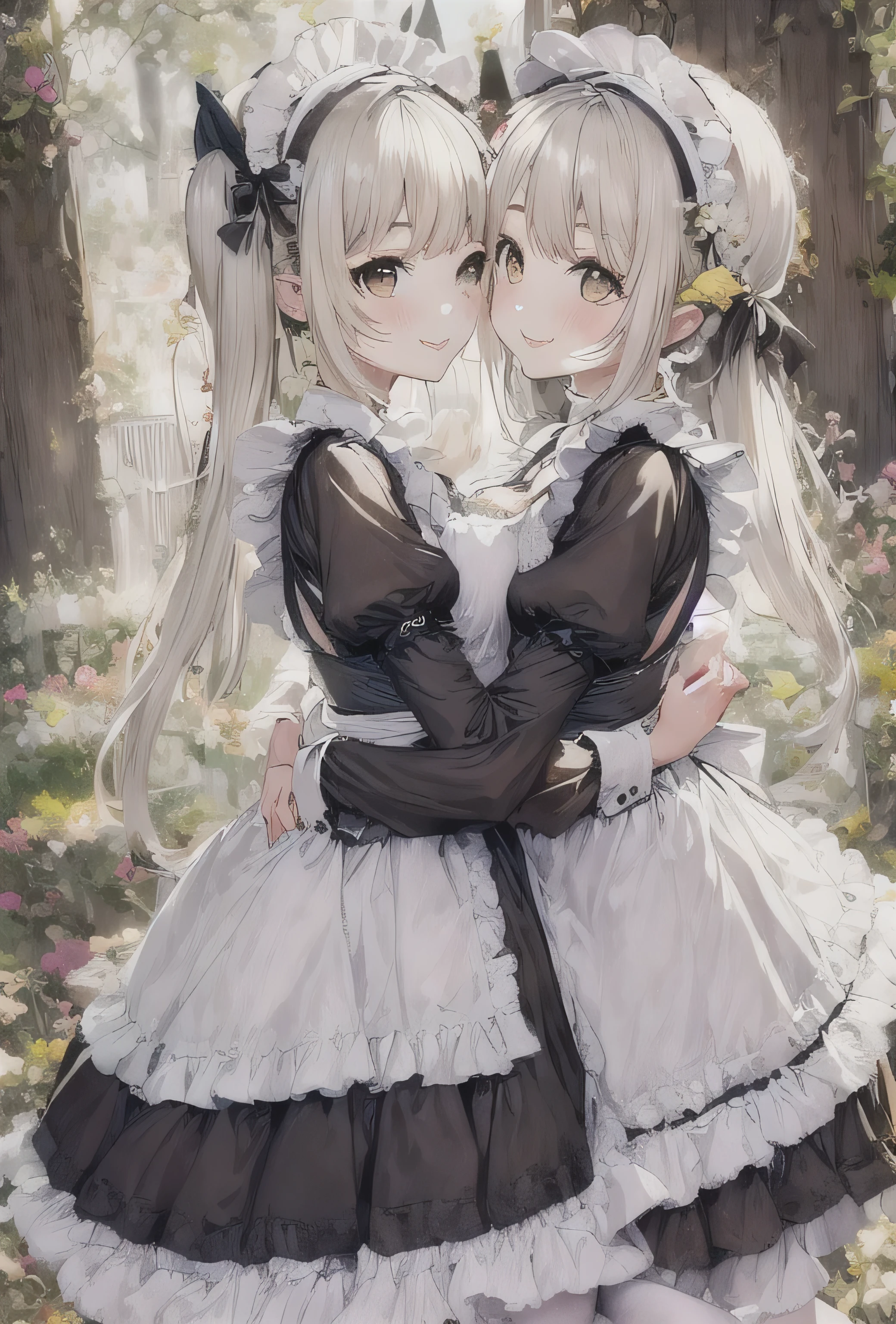 elvish two teen girls, Platinum blonde Hair、Twin tails、Brown eyes、smiling, Black maid outfit(Long sleeve、Long skirt)、White apron(long length、Bow on the back)、White tights、White petticoat(Lots of frills)、White ruffled headdress、Black strap shoes, hugging each other