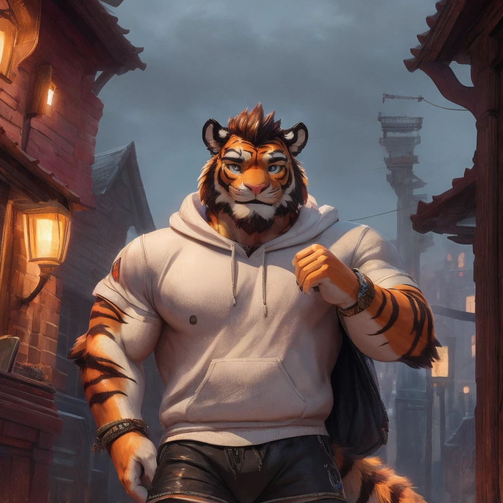 ((solo)), by Pino Daeni, by Ruan Jia, by Shiitakemeshi, by Alayna Lemmer, by Carlo Galli Bibiena, dynamic portrait of a handsome ((male anthro furry Bengal tiger)) in an fantasy city. Full body. Biceps, muscular, broad shoulders, thick thighs, large pecs. pink nipples, nipple piercings, Young, thin. bare chested, (round bulging pecs), tight loincloth, huge bulge, huge balls, massive bulge, genital outline, genital outline, (((handsome, proud, detailed face, detailed clear eyes and pupils, detailed hair, (fluffy))), (magical vibe), hair, tuft ), insane details, 8k, unreal engine, cold volumetric light, masterpiece , blurred background, cinematic composition.(detailed Chunie lighting), (detailed fur), (((crepuscular ray))), adorable paws:1.3, realistic proportion, stars, genital outline, straining balls