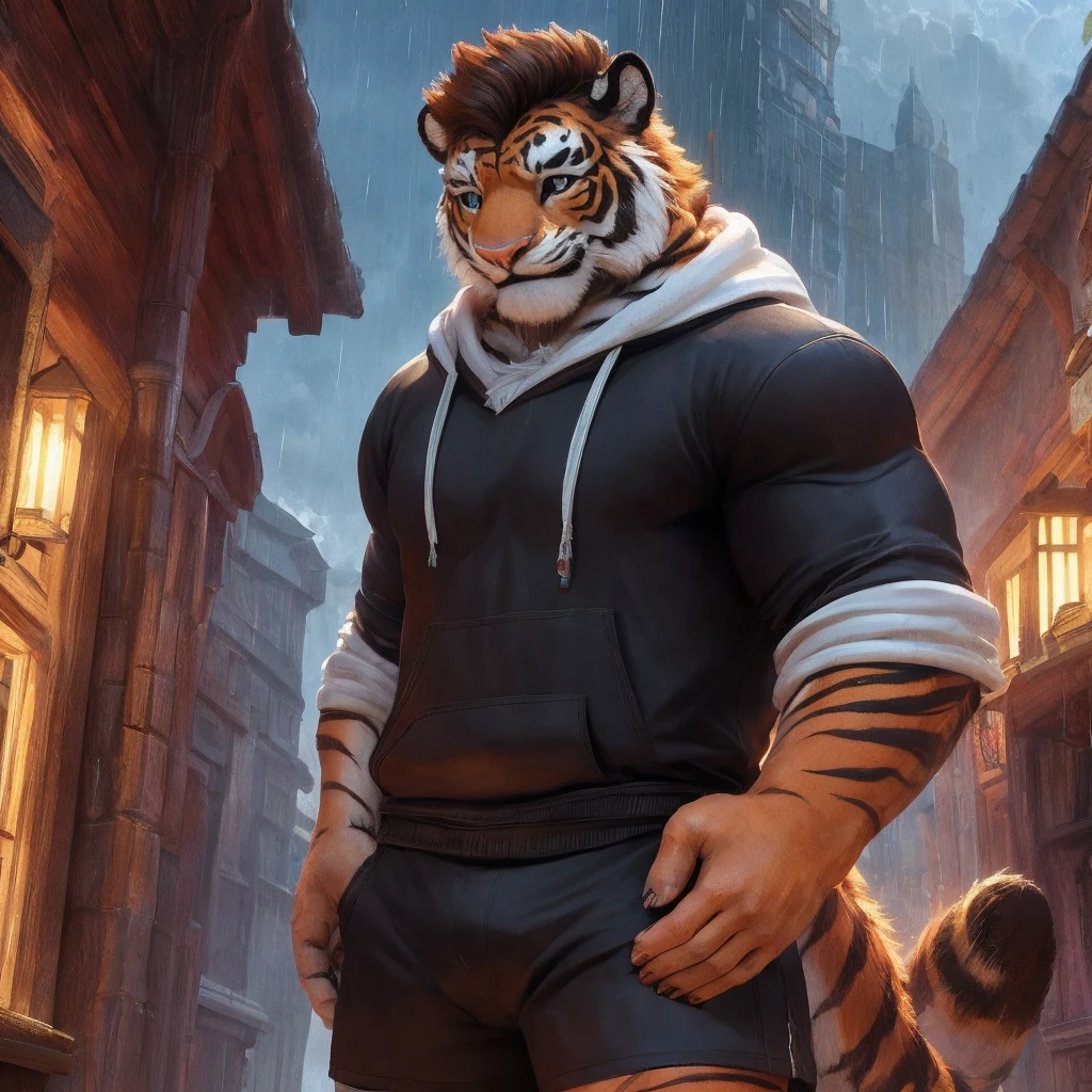 (masterpiece)，(Very detailed)，(best quality)，8K，(high quality)，(Ultra high quality)，(Very detailed),solitary，Break，tiger，Hairy body，Furry Characters，White sweatshirt，Black shorts，Best image quality，A kind smile，Eye details，Shrugging ears，Airplane ears，Rainy Day，Gloomy sky，Tiger-type orcs，masterpiece，Fluffy tail，Meticulous facial details