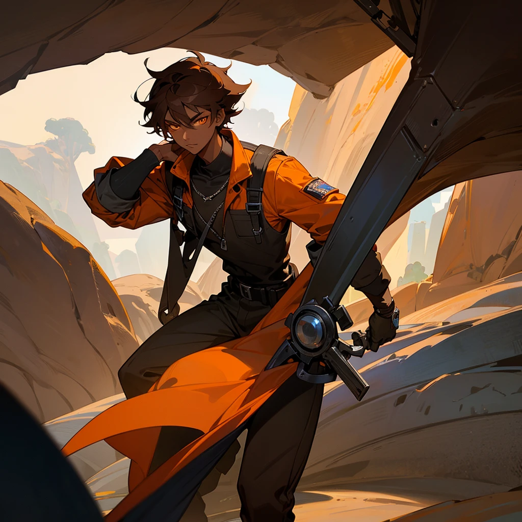 creates a  young man,  dark skin color, orange eye color, dark hair color, mechanic clothing, cave landscape, that reads a mechanical key in his hand