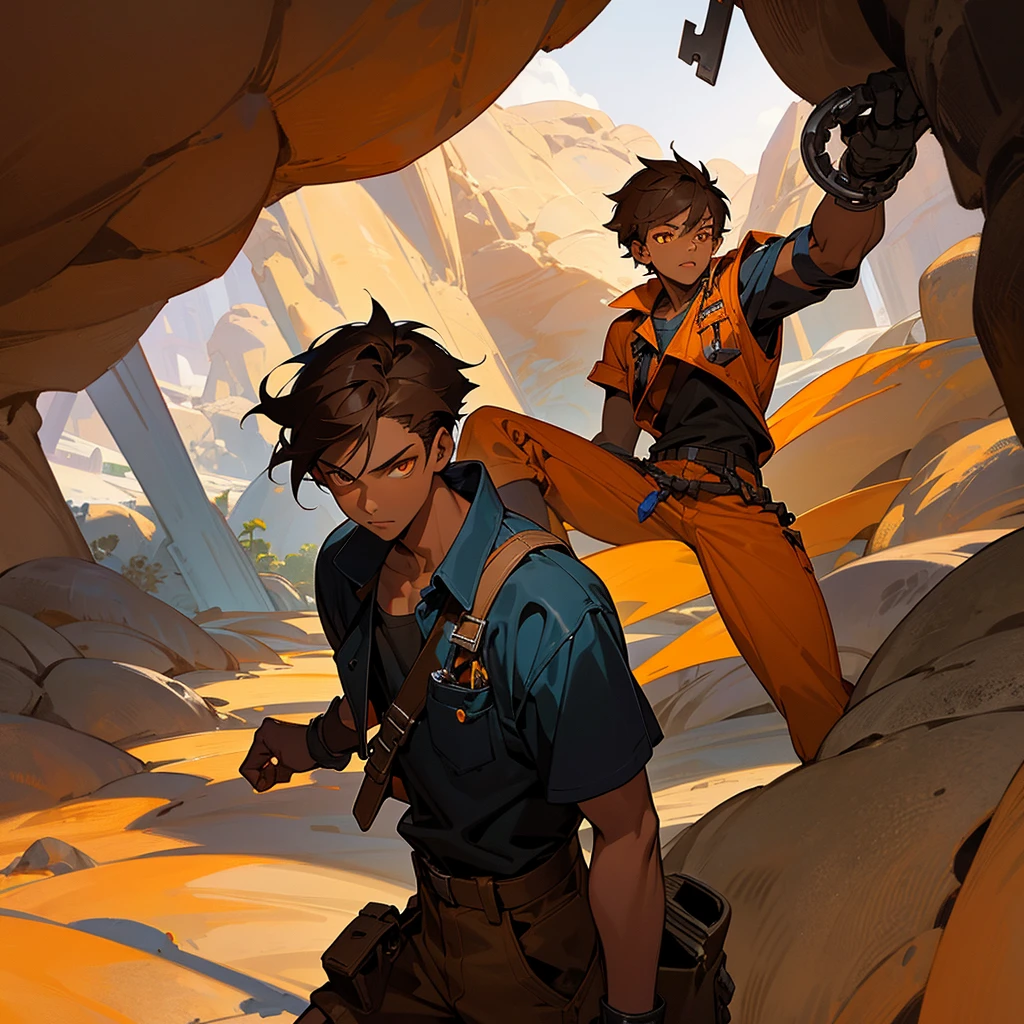 creates a young man, dark skin color, orange eye color, dark hair color, mechanic clothing, cave landscape, that reads a mechanical key in his hand