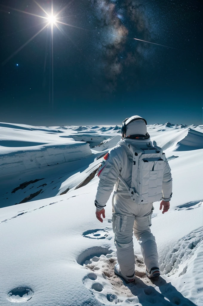make an astronaut in white clothes with his back turned walking on a planet, make the universe as an image background (realistic image, ultra specific, planned cores, dramatic feel, no lights)