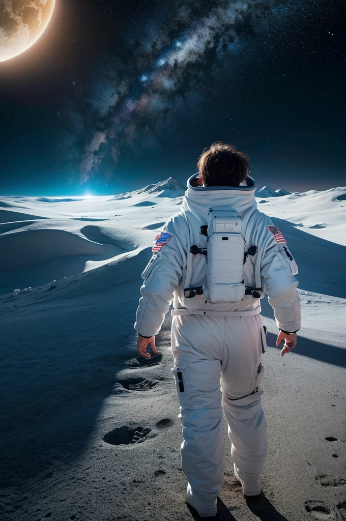 make an astronaut in white clothes with his back turned walking on a planet, make the universe as an image background (realistic image, ultra specific, planned cores, dramatic feel, no lights)