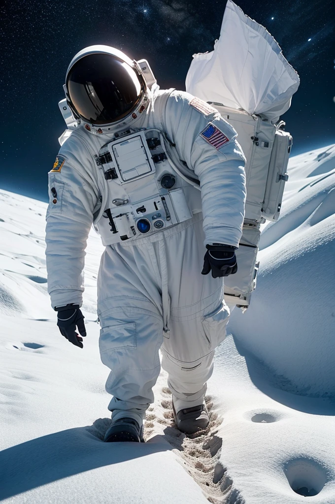 make an astronaut in white clothes with his back turned walking on a planet, make the universe as an image background (realistic image, ultra specific, planned cores, dramatic feel, no lights)