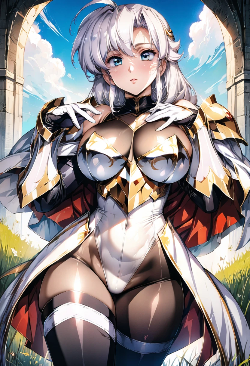 ((highest quality)), ((masterpiece)), ((hyperrealistic)), (detailed background), anime style, solo, shoot from below, 1girl, ((curvy: 1.2)), kawaii, paladin, ((Lamé racing leotard)), ((catsuit leotard)), (paladin armor), (breastplate armored dress), cloak de cour, gauntlet, gloves, white hair, ahoge, (huge breasts), see-through cleavage cutout, (zettai ryouiki black thigh high socks), (black see-through pantyhose thighs), (See-through pantyhose groin area), beautiful eyes, perfect face, Perfect hands, perfect fingers, Blue sky and grassland,