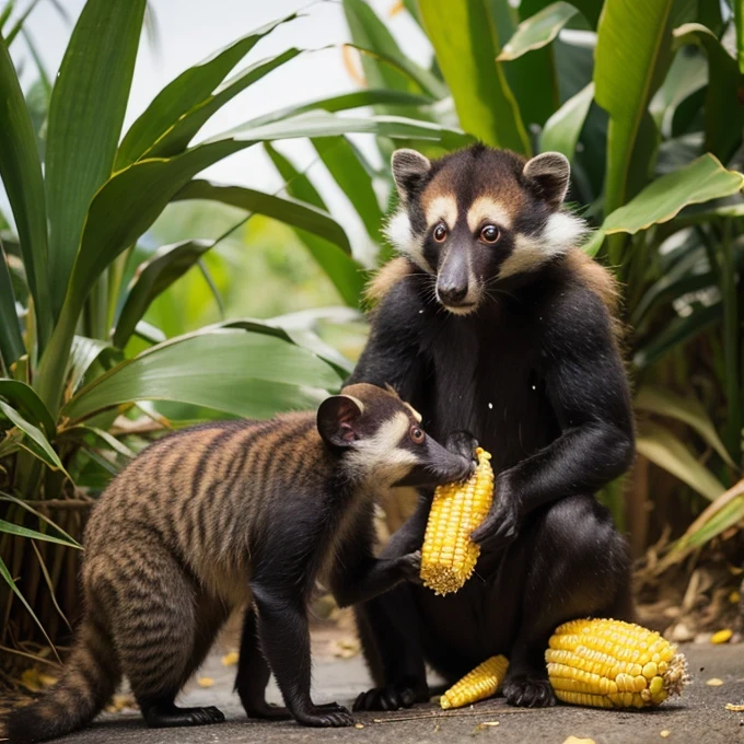 coati giving corn to monkey