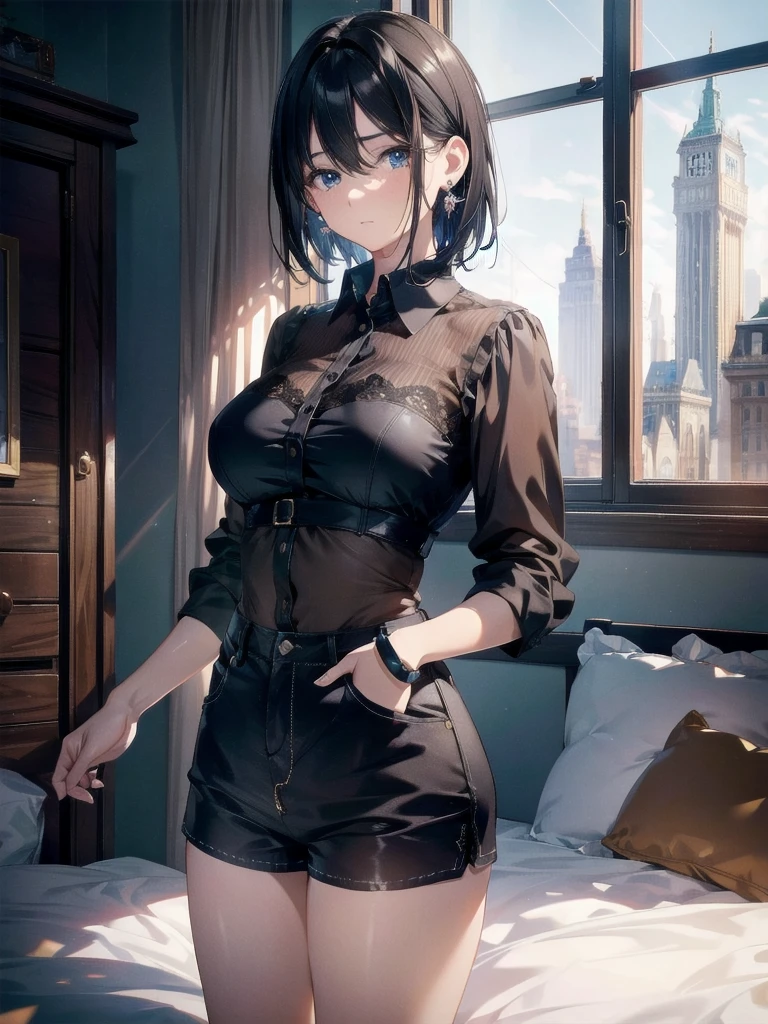 (masterpiece、Side light、Beautiful, detailed eyes: 1.2)、Spread_Pussy、独奏、Female college student、(Big Breasts、Big Tits)、(Black Hair、Very Short Hair、Boyish cut)、20 year old gravure model、Perfect body、NSFW、Sit on the bed、Spread your legs