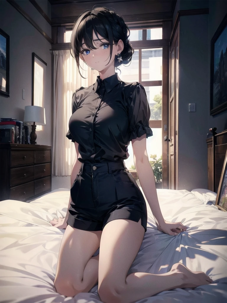 absurdres, RAW photo, extremely delicate and beautiful, masterpiece, Best Quality, ultra high resolution, 32k, hyperrealistic, ultra-detailed, perfect figure, in her 20s, very small head, very small face, delicate facial features, tearful mole, earring, huge breasts, full body shot, medium hair, black hair, collared shirt, shorts,