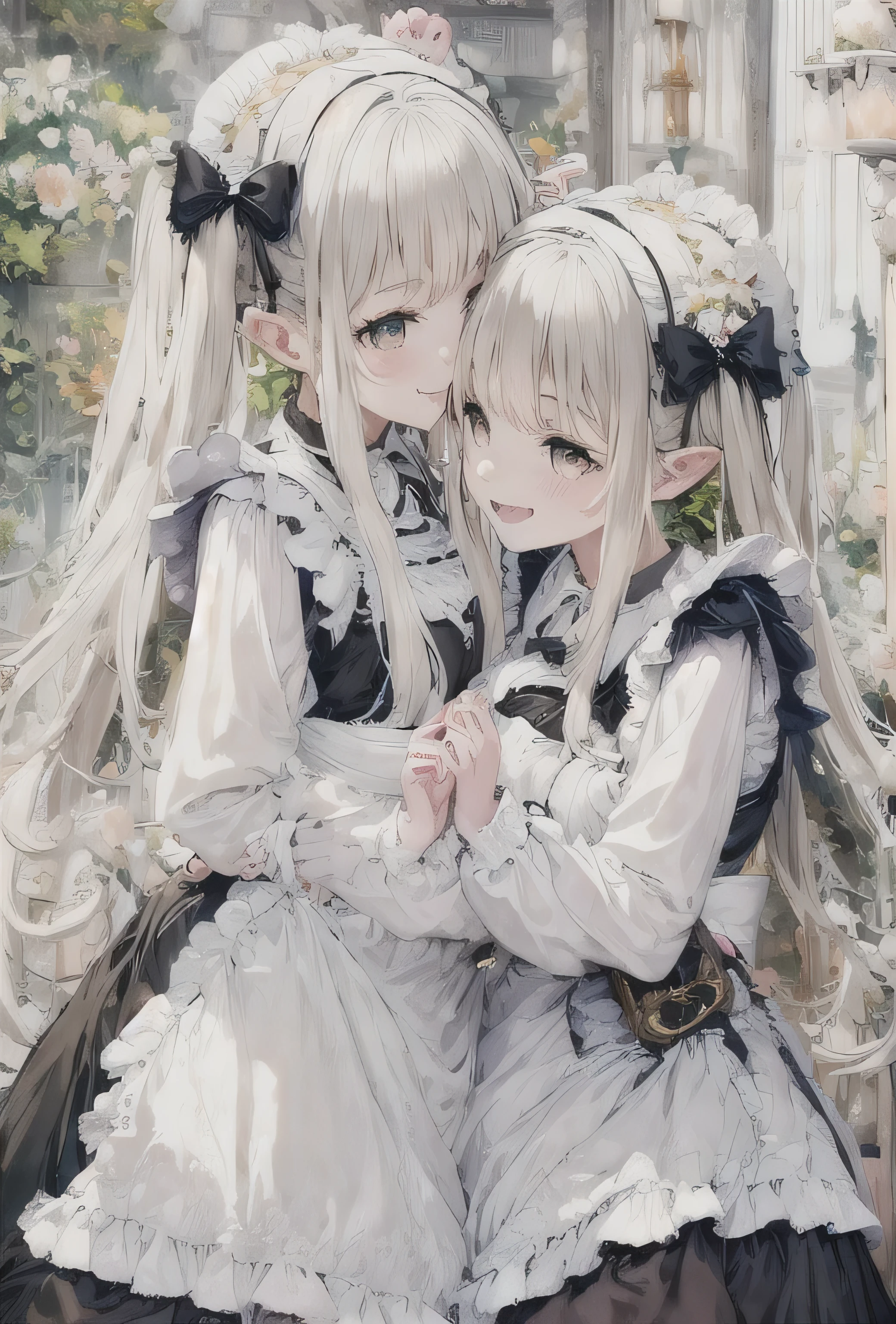 elvish two teen girls, Platinum blonde Hair、Twin tails、Brown eyes、smiling, Black maid outfit(Long sleeve、Long skirt)、White apron(long length、Bow on the back)、White tights、White petticoat(Lots of frills)、White ruffled headdress、Black strap shoes, hugging each other