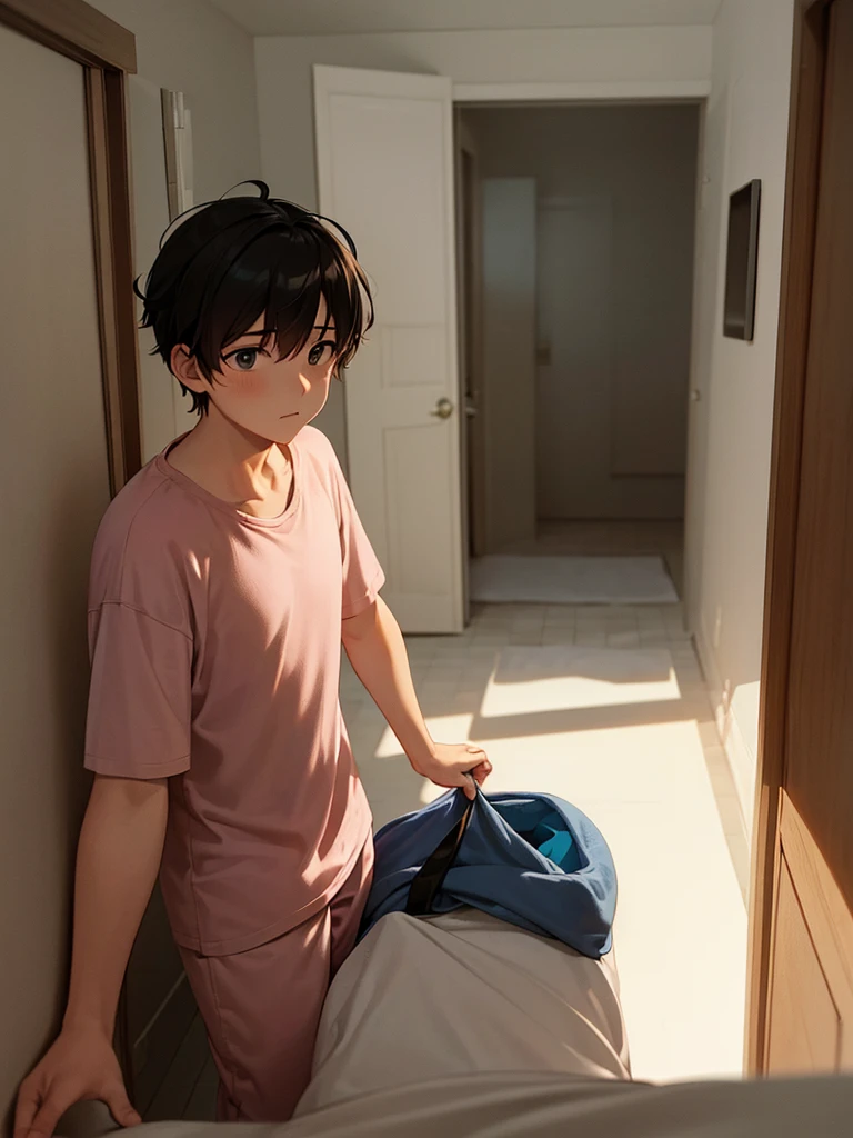 A cartoon man in pajamas, extremely tired, struggling to get out of bed, crawling on the floor towards the bathroom, dimly lit room with early morning alarm clock, bathroom door slightly open with light coming from inside