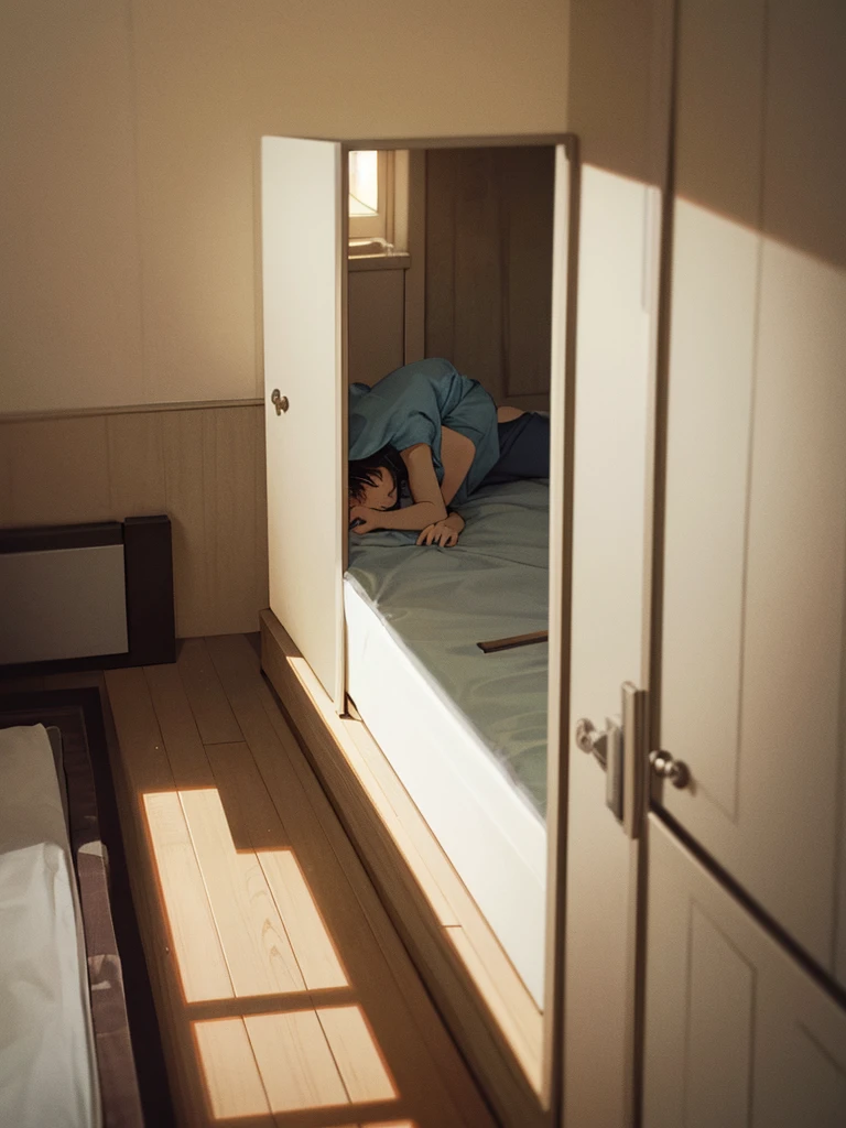 A cartoon man in pajamas, extremely tired, struggling to get out of bed, crawling on the floor towards the bathroom, dimly lit room with early morning alarm clock, bathroom door slightly open with light coming from inside