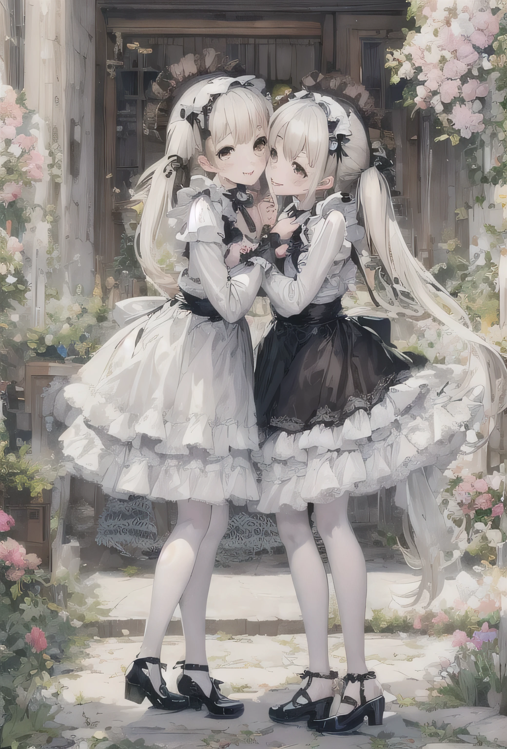 elvish two teen girls, Platinum blonde Hair、Twin tails、Brown eyes、smiling, Black maid outfit(Long sleeve、Long skirt)、White apron(long length、Bow on the back)、White tights、White petticoat(Lots of frills)、White ruffled headdress、Black strap shoes, hugging each other