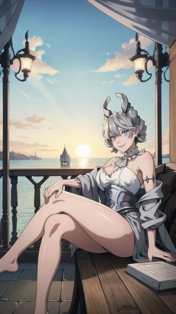 Beautiful arts wallpaper Sunset Outside castle top High level image quality best image quality 8K adult woman on pirate ship with black seals more colors whole body view portrait ears short hair((shortcut)(gray hair)(perm)(fluffy)) eye color is blue , , attractive evil face , smile , wering pirate dress, horn , labrynth , sitting with crossed legs , barefoot , side
