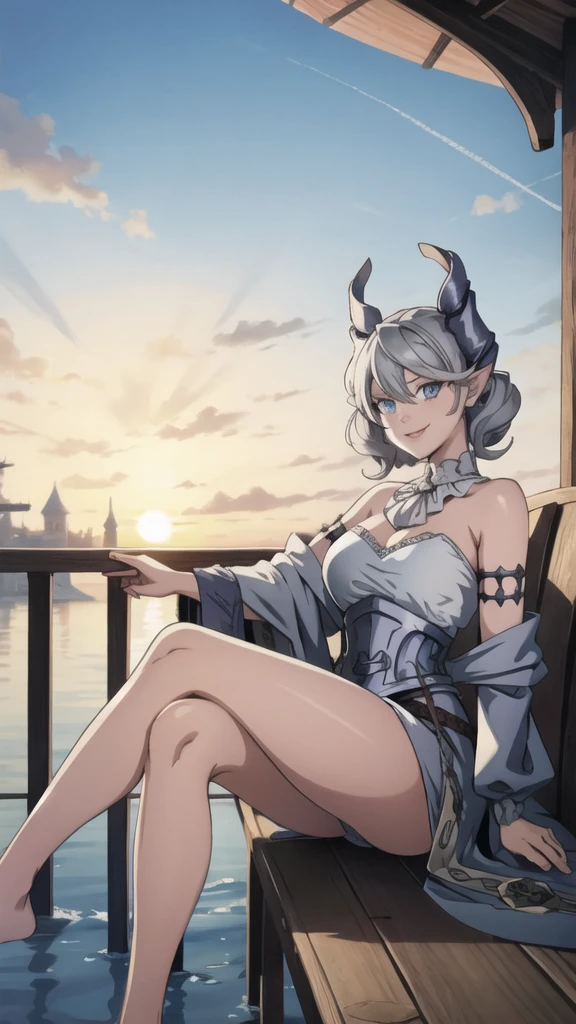 Beautiful arts wallpaper Sunset Outside castle top High level image quality best image quality 8K adult woman on pirate ship with black seals more colors whole body view portrait ears short hair((shortcut)(gray hair)(perm)(fluffy)) eye color is blue , , attractive evil face , smile , wering pirate dress, horn , labrynth , sitting with crossed legs , barefoot , side