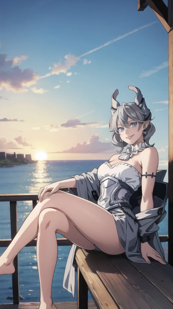 Beautiful arts wallpaper Sunset Outside castle top High level image quality best image quality 8K adult woman on pirate ship with black seals more colors whole body view portrait ears short hair((shortcut)(gray hair)(perm)(fluffy)) eye color is blue , , attractive evil face , smile , wering pirate dress, horn , labrynth , sitting with crossed legs , barefoot , side