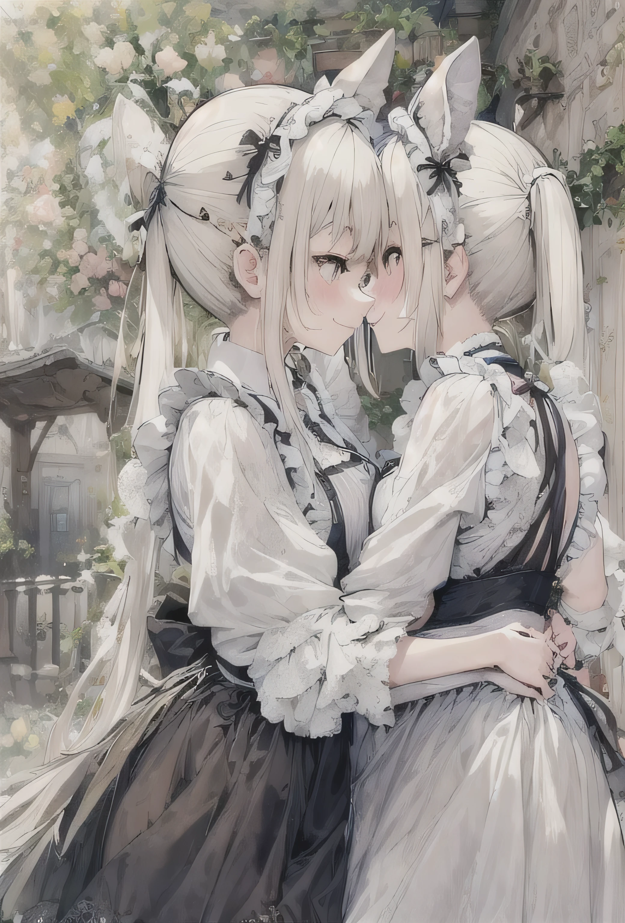 elvish two teen girls, Platinum blonde Hair、Twin tails、Brown eyes、smiling, Black maid outfit(Long sleeve、Long skirt)、White apron(long length、Bow on the back)、White tights、White petticoat(Lots of frills)、White ruffled headdress、Black strap shoes, hugging each other